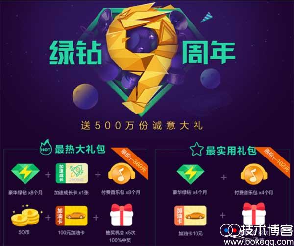 QQ绿钻9周年 送五百万份诚意大礼开通送超实惠大礼包
